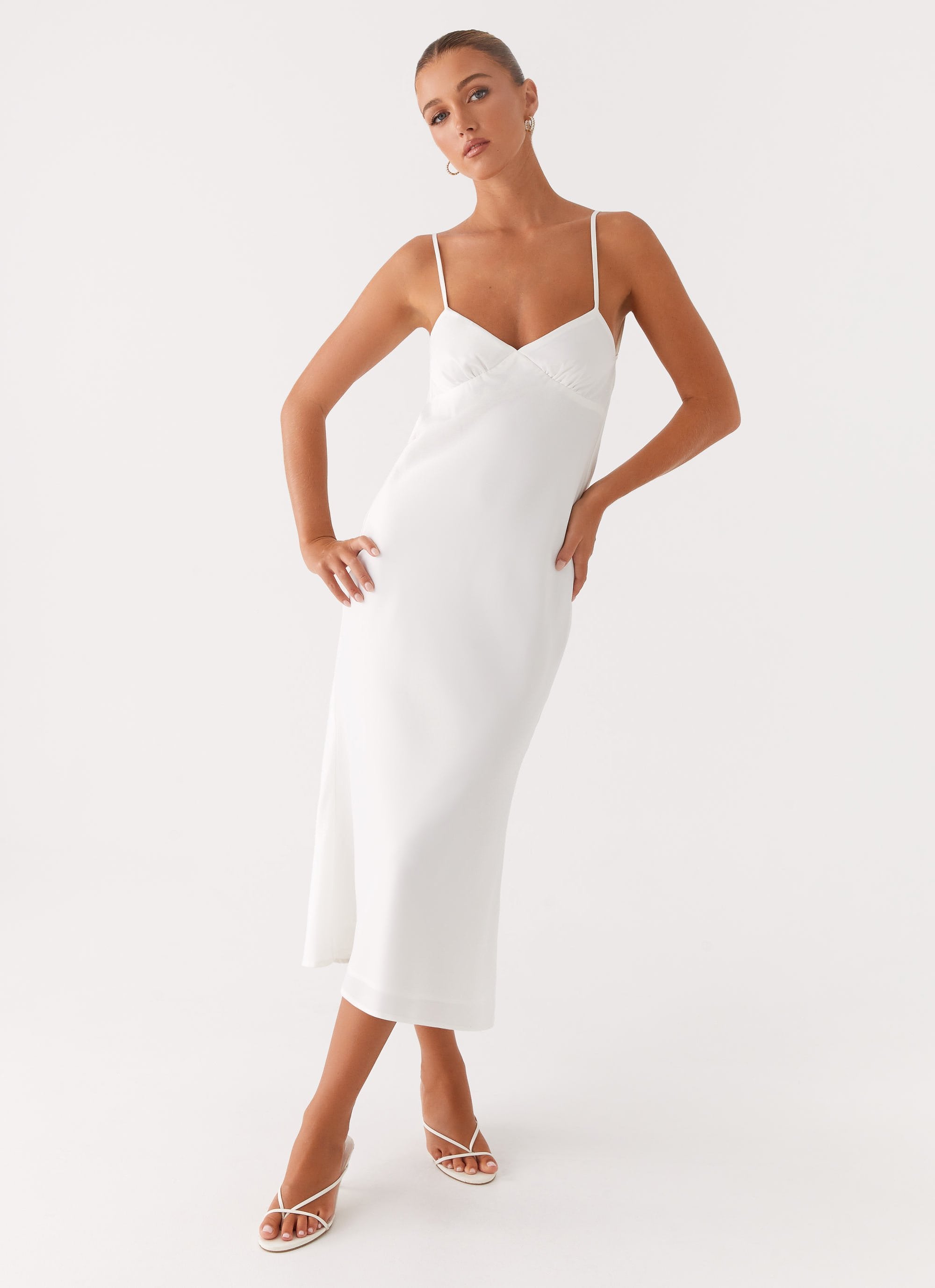 white structured midi dress Classic Cotton Elegance A-Line Midi Dress L