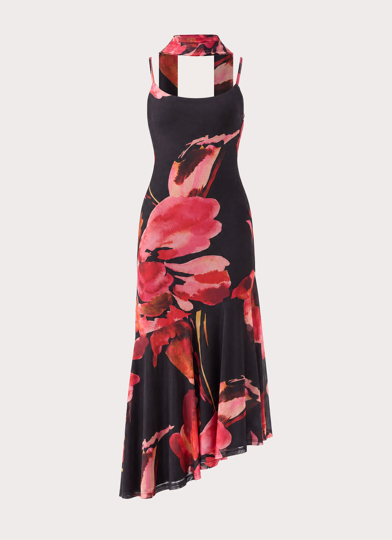 Demitra Midi Dress - Black Floral Print