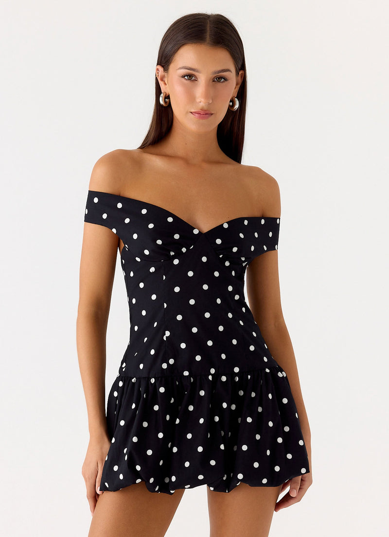 Endless Romance Off Shoulder Mini Dress - Black Polkadot