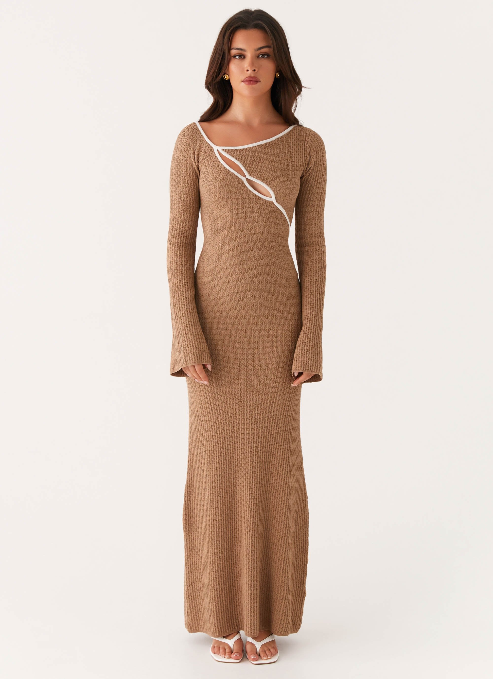 crochet maxi long sleeve dress Women's Chocolate Flower Applique Long Sleeve Crochet Maxi Dress