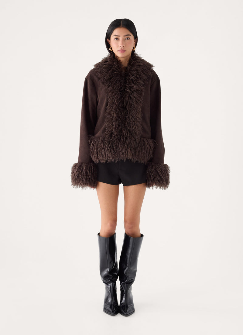 Kamsy Faux Fur Trim Coat - Chocolate