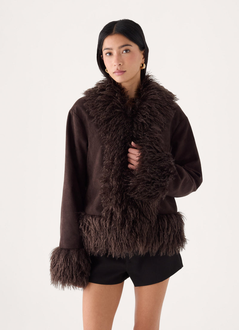 Kamsy Faux Fur Trim Coat - Chocolate