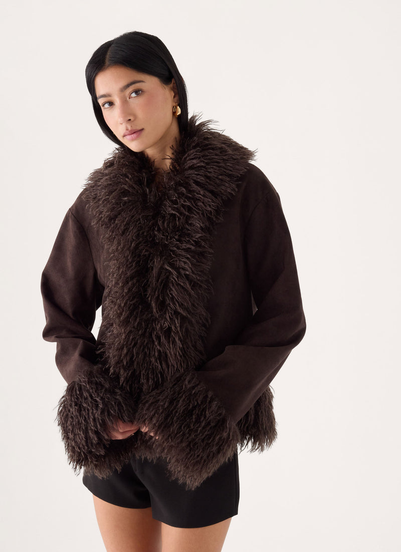 Kamsy Faux Fur Trim Coat - Chocolate