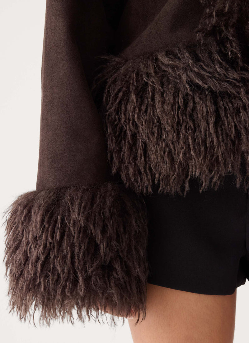 Kamsy Faux Fur Trim Coat - Chocolate