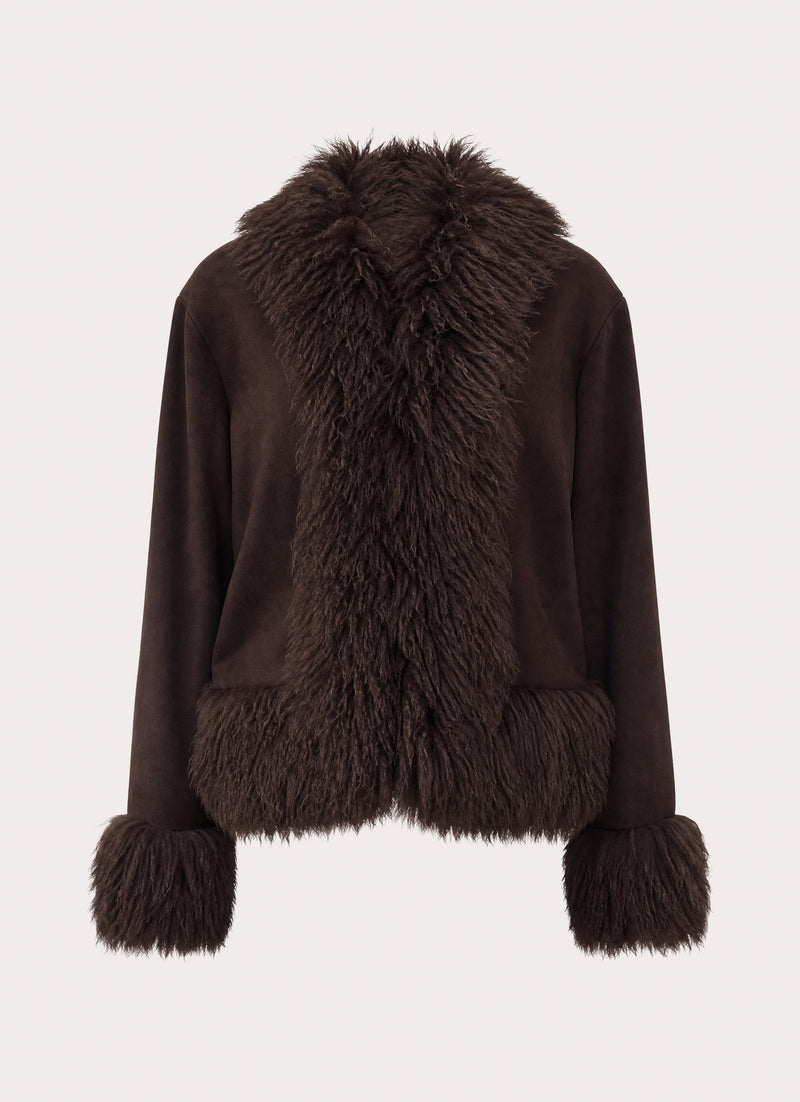 Kamsy Faux Fur Trim Coat - Chocolate