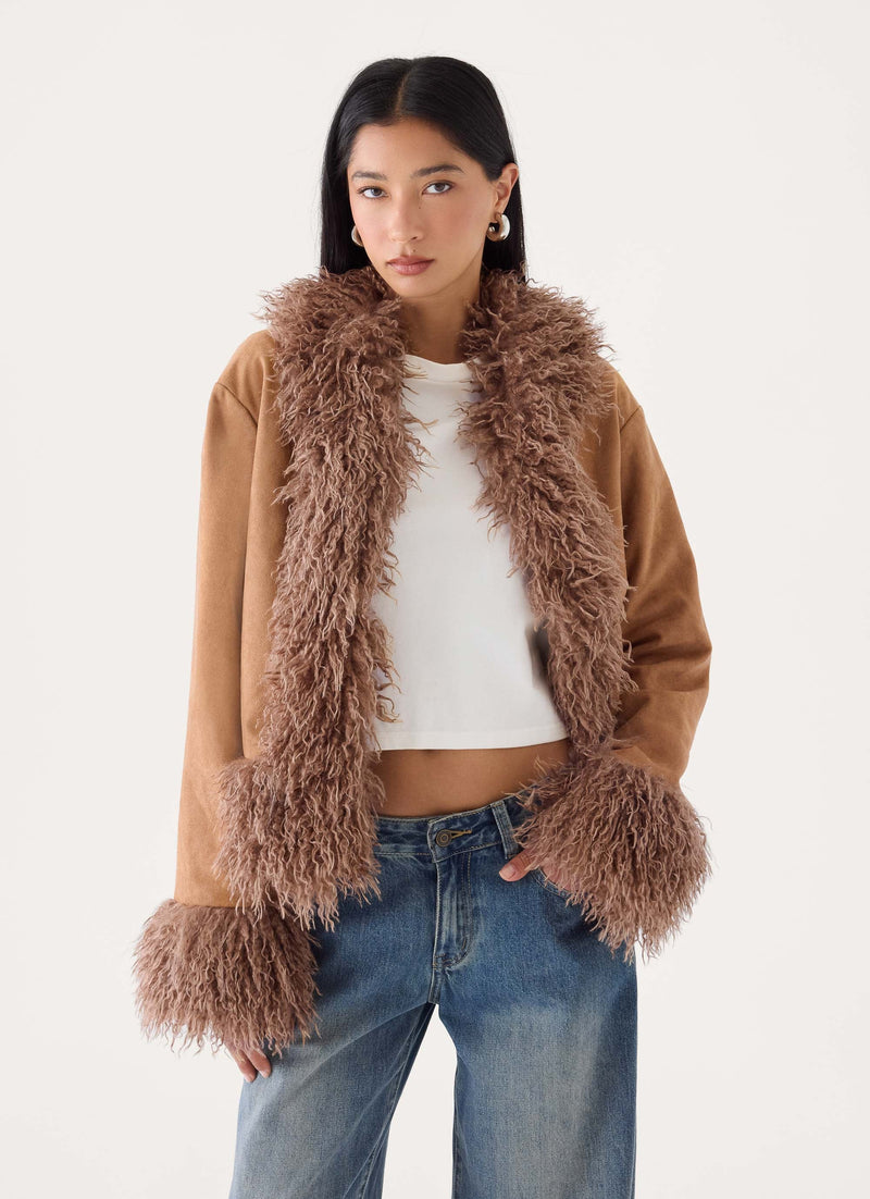 Kamsy Faux Fur Trim Coat - Tan