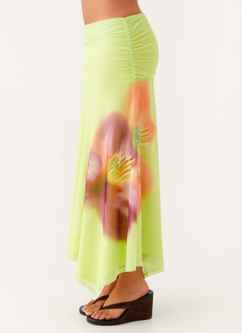 Liana Ruched Maxi Skirt - Green Tropical