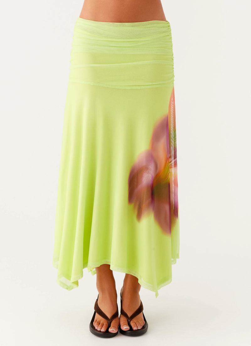 Liana Ruched Maxi Skirt - Green Tropical