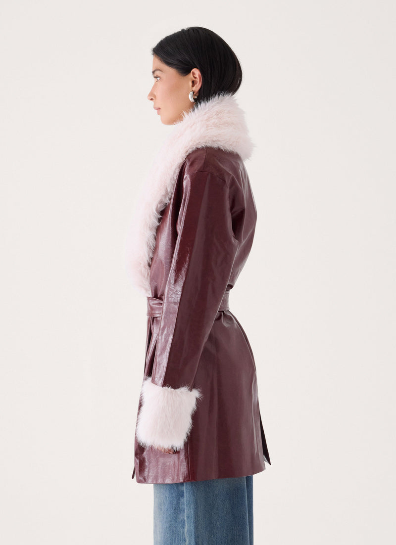Love Child Faux Leather Wrap Coat - Burgundy