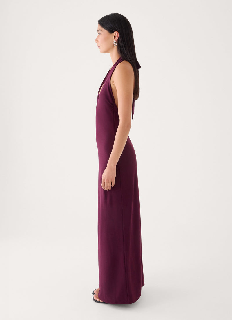 Midnight Kiss Jersey Halter Dress - Eggplant