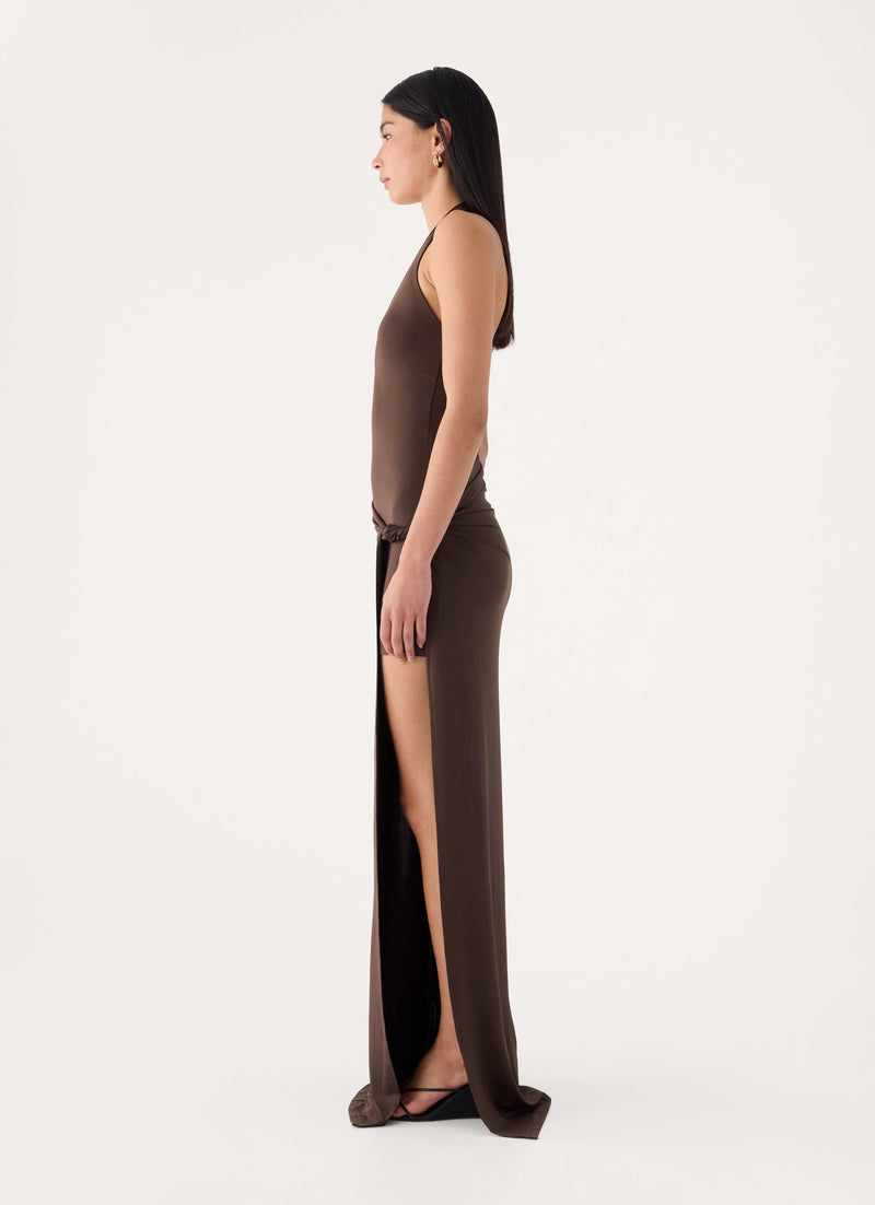Mokono Halter Wrap Maxi Dress - Chocolate