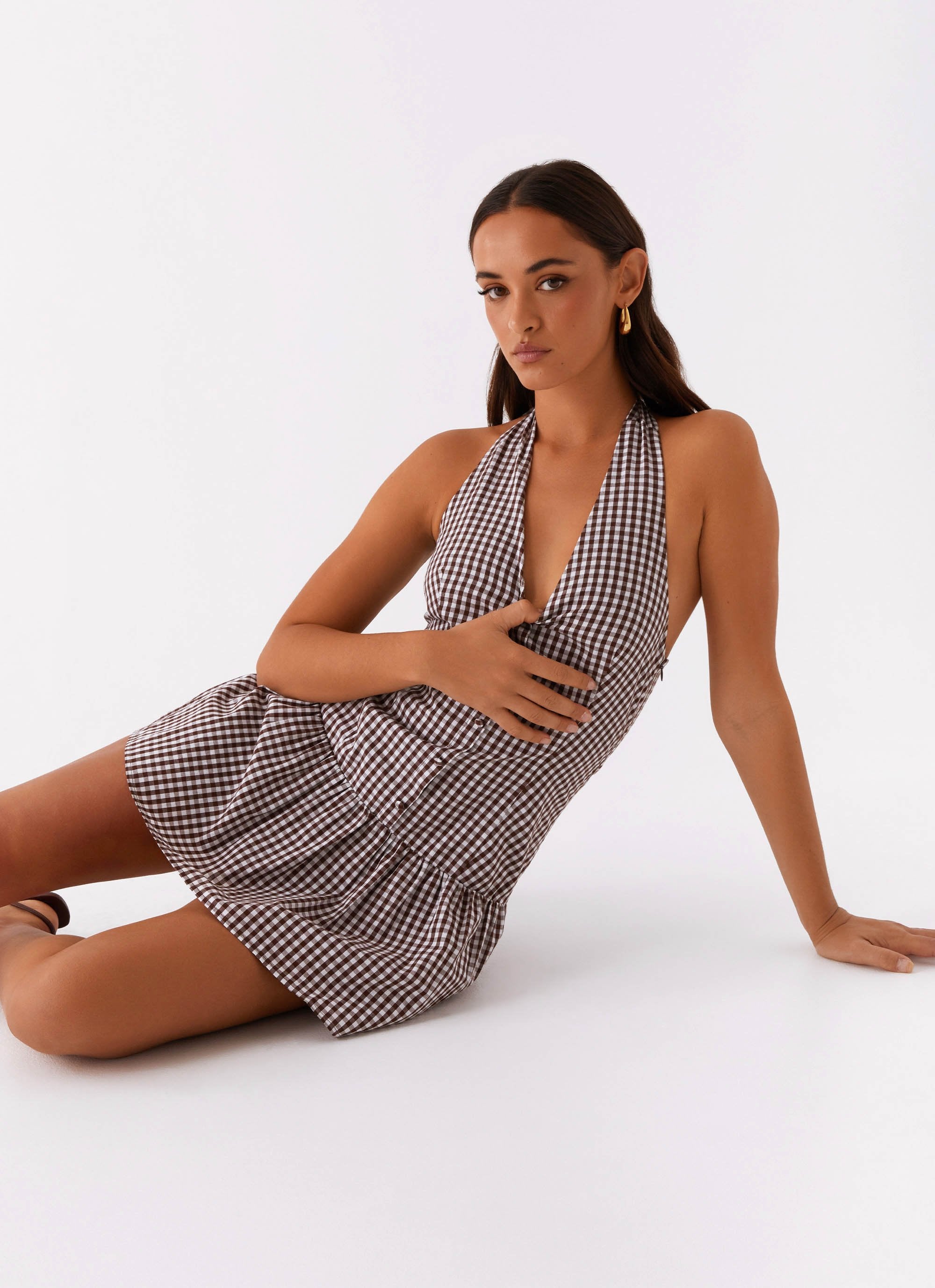 brown gingham mini dress New Look Shirred Halter Mini Dress