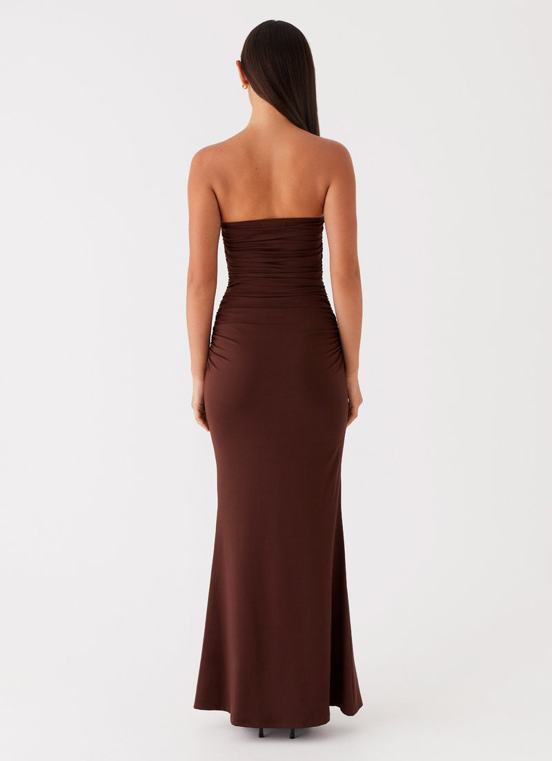 Womens Rudy Maxi Dress in the colour Brown in front of a light grey background