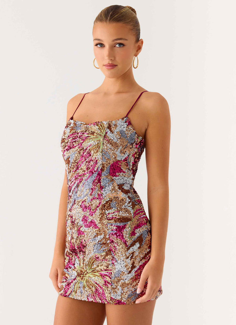 Soul Sound Sequin Mini Dress - Fuchsia Floral Beaded
