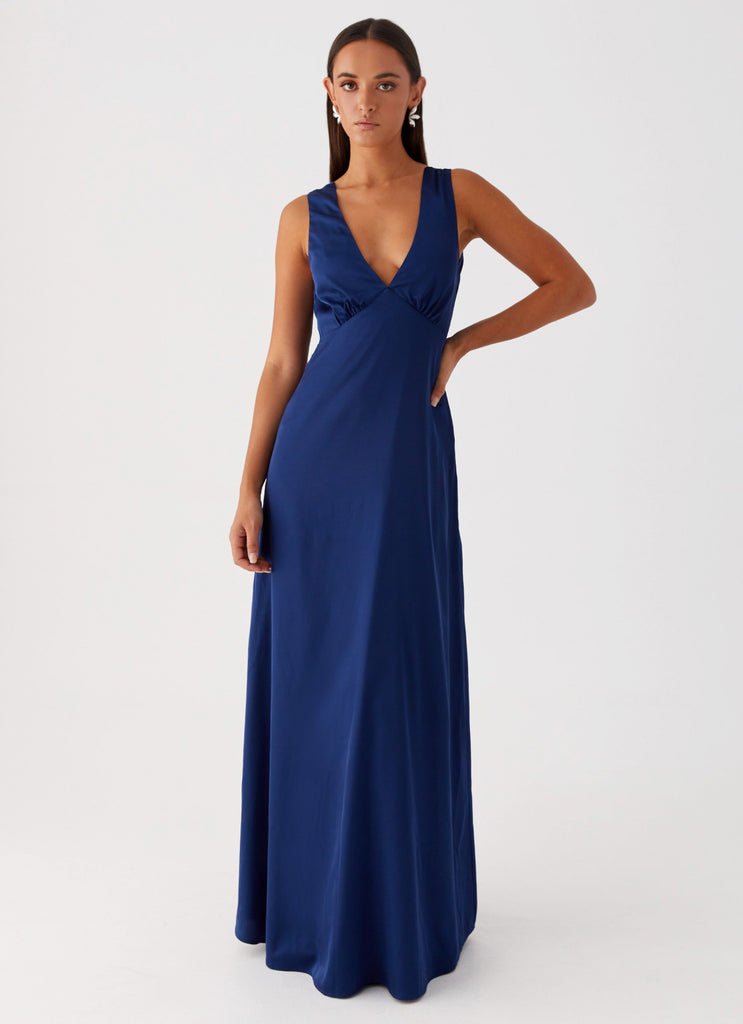 Womens Winnie Cowl Back Maxi Dress in the colour Navy in front of a light grey background