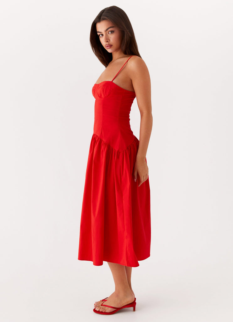 Womens Yvette Corset Midi Dress in the colour Red in front of a light grey background