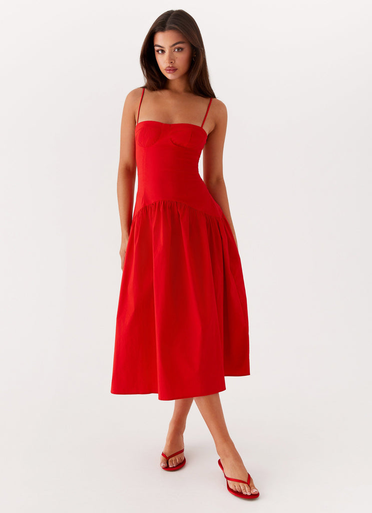 Womens Yvette Corset Midi Dress in the colour Red in front of a light grey background