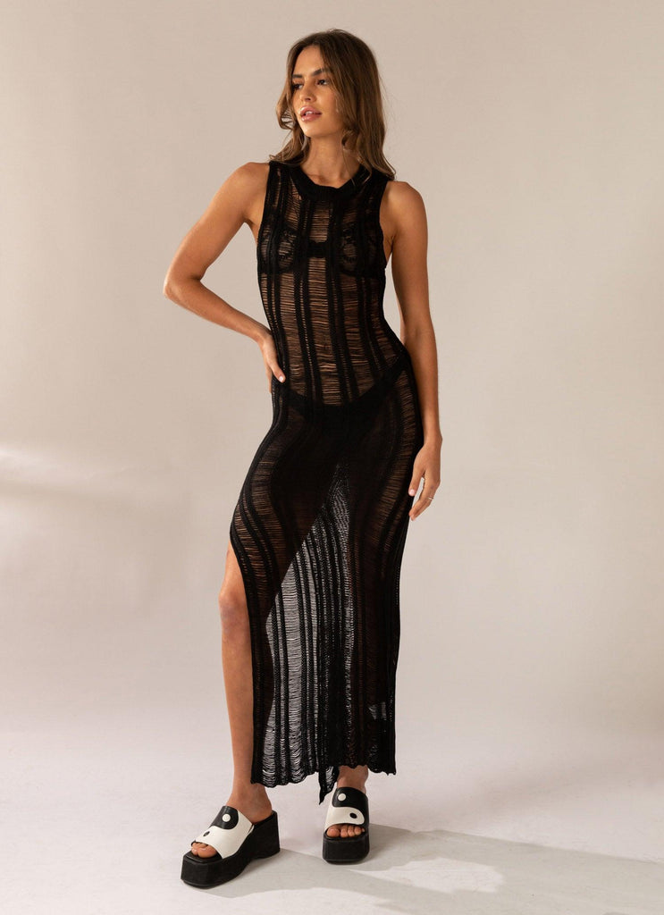 Perri Ladder Knit Maxi Dress - Black - Peppermayo