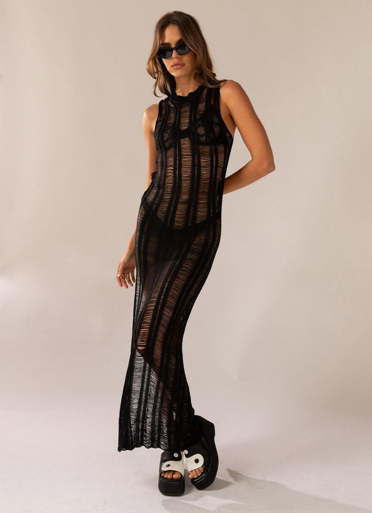 Perri Ladder Knit Maxi Dress - Black - Peppermayo