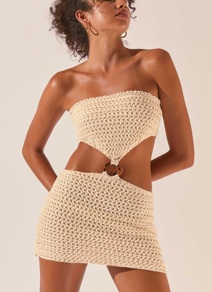 Balmy Nights Crochet Mini Dress - Seashell - Peppermayo