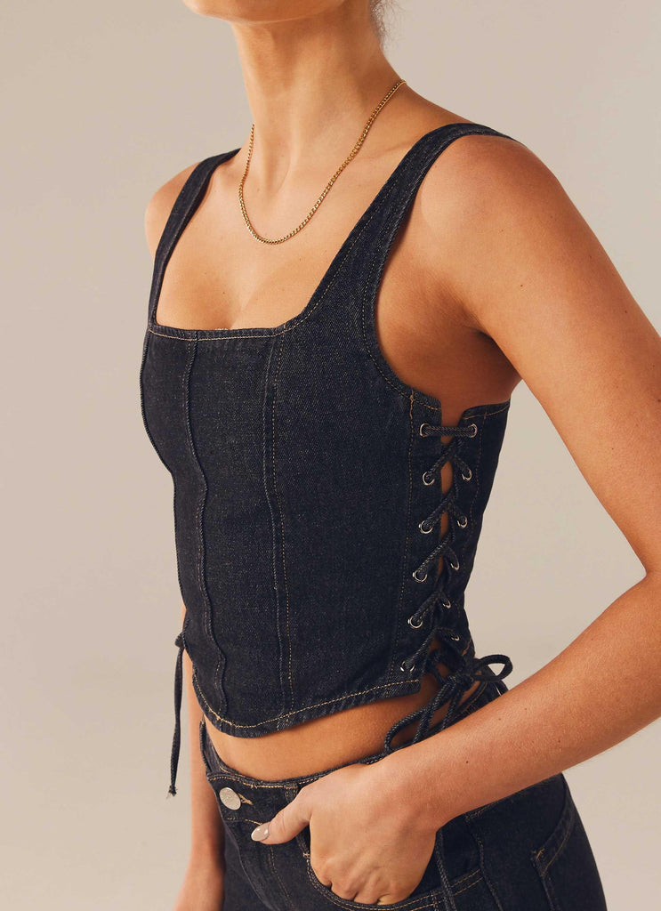 Giddy Up Denim Bustier Top - Black Wash - Peppermayo