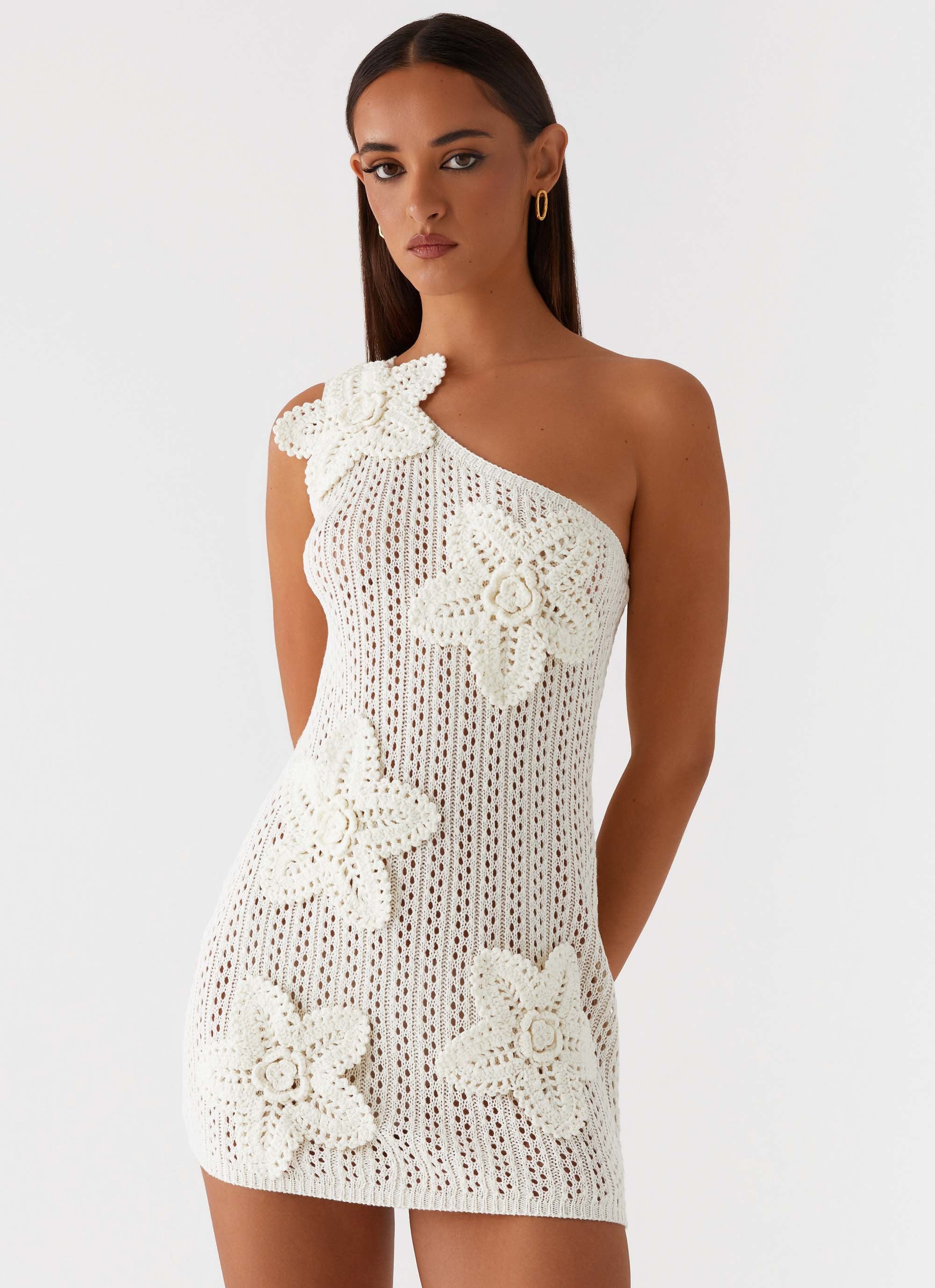 White one shoulder crochet dress discount
