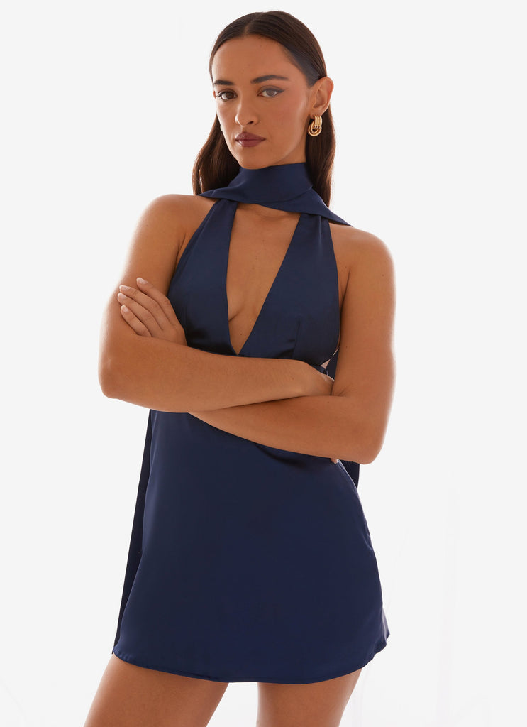 Alicia Satin Halter Mini Dress - Navy