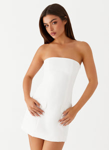Womens Allora Strapless Mini Dress in the colour White in front of a light grey background