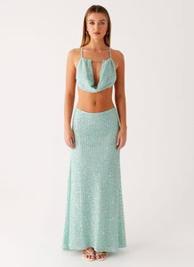 Amoura Sequin Low Rise Maxi Skirt - Mint Sage