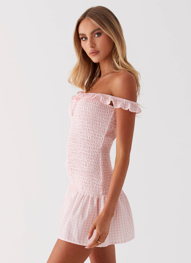 Womens Anica Mini Dress in the colour Pink Gingham in front of a light grey background