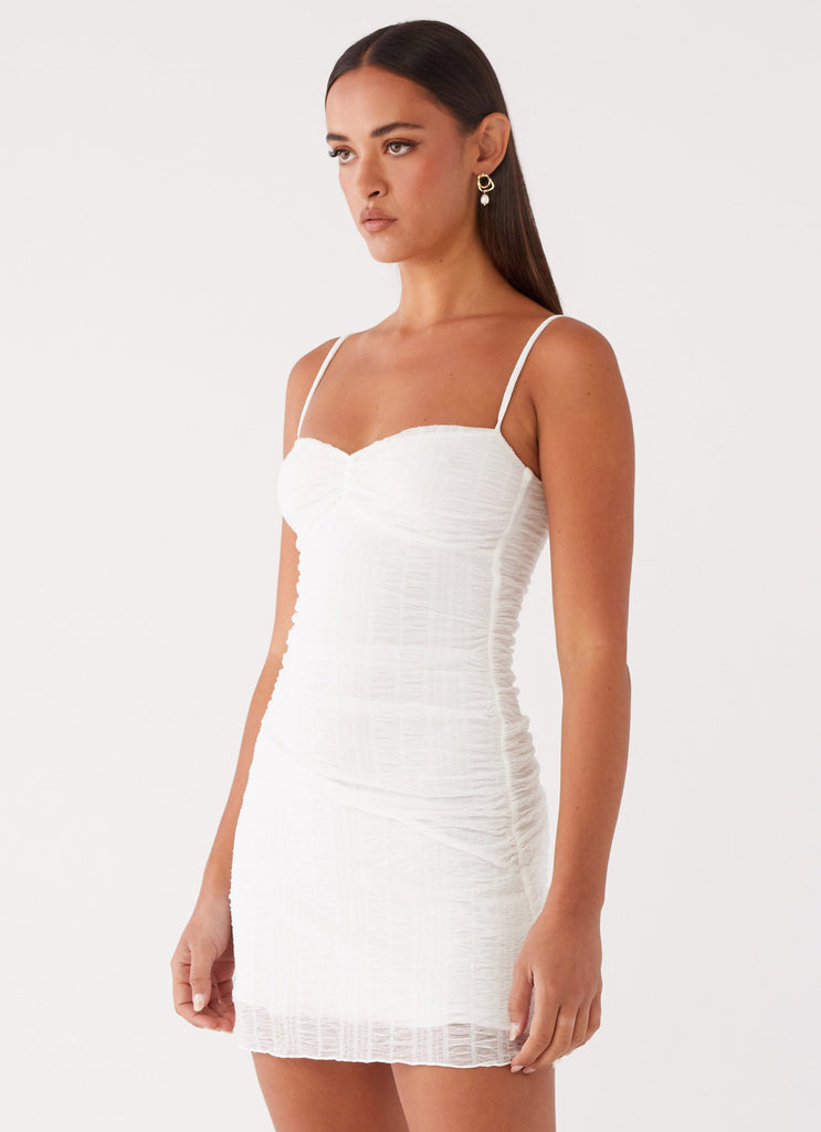 Womens Arden Mesh Mini Dress in the colour White in front of a light grey background