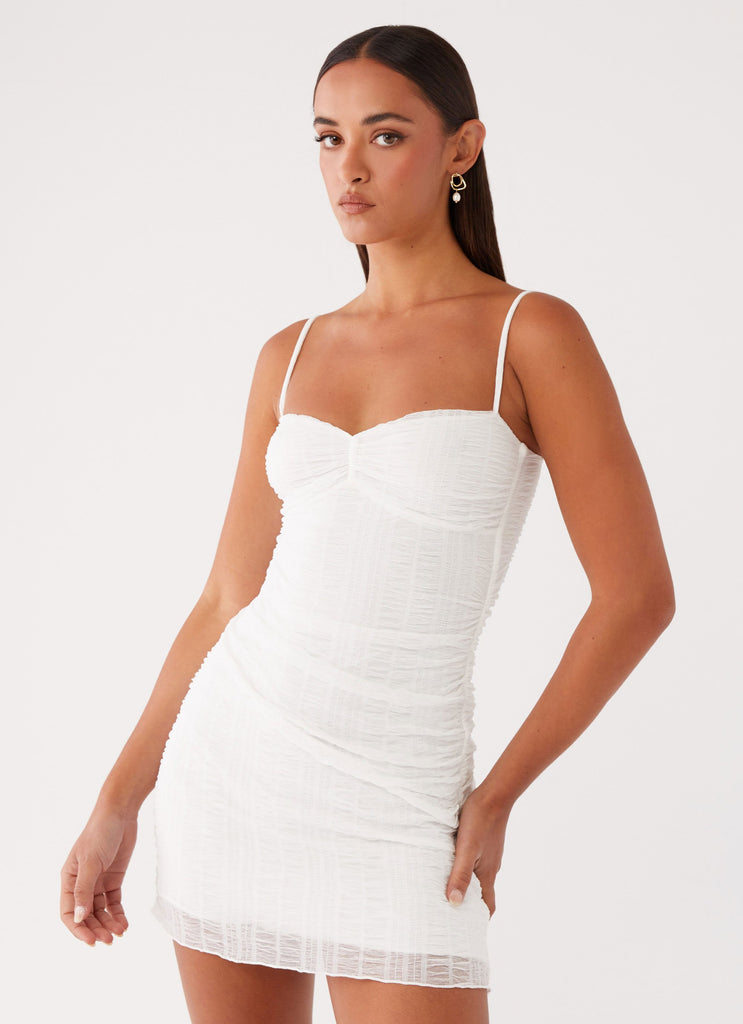 Womens Arden Mesh Mini Dress in the colour White in front of a light grey background