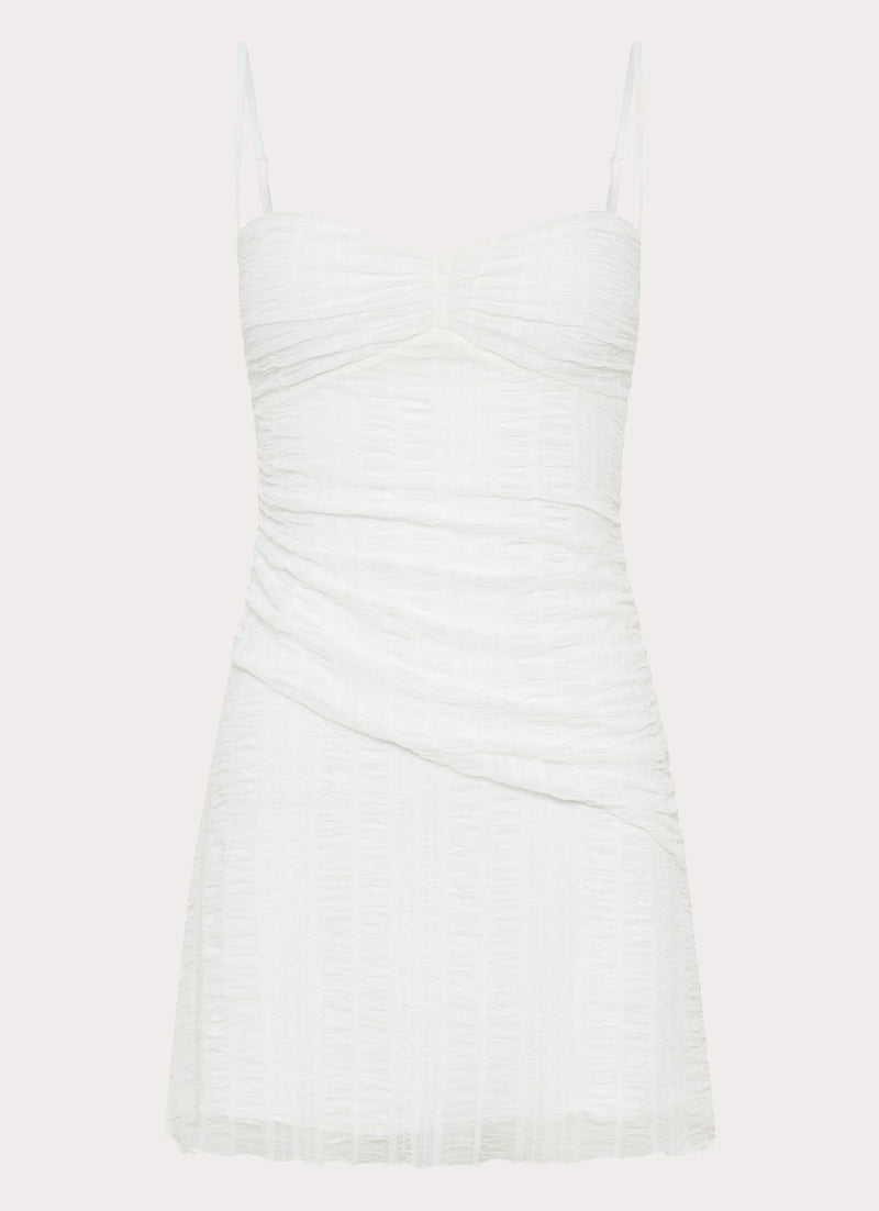 Womens Arden Mesh Mini Dress in the colour White in front of a light grey background