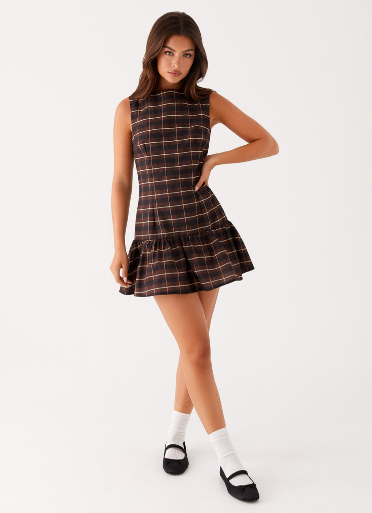 brown checkered mini dress Plaid V-Neck Tie Waist Wrap Mini Dress-Brown-Simply Dixie Boutique