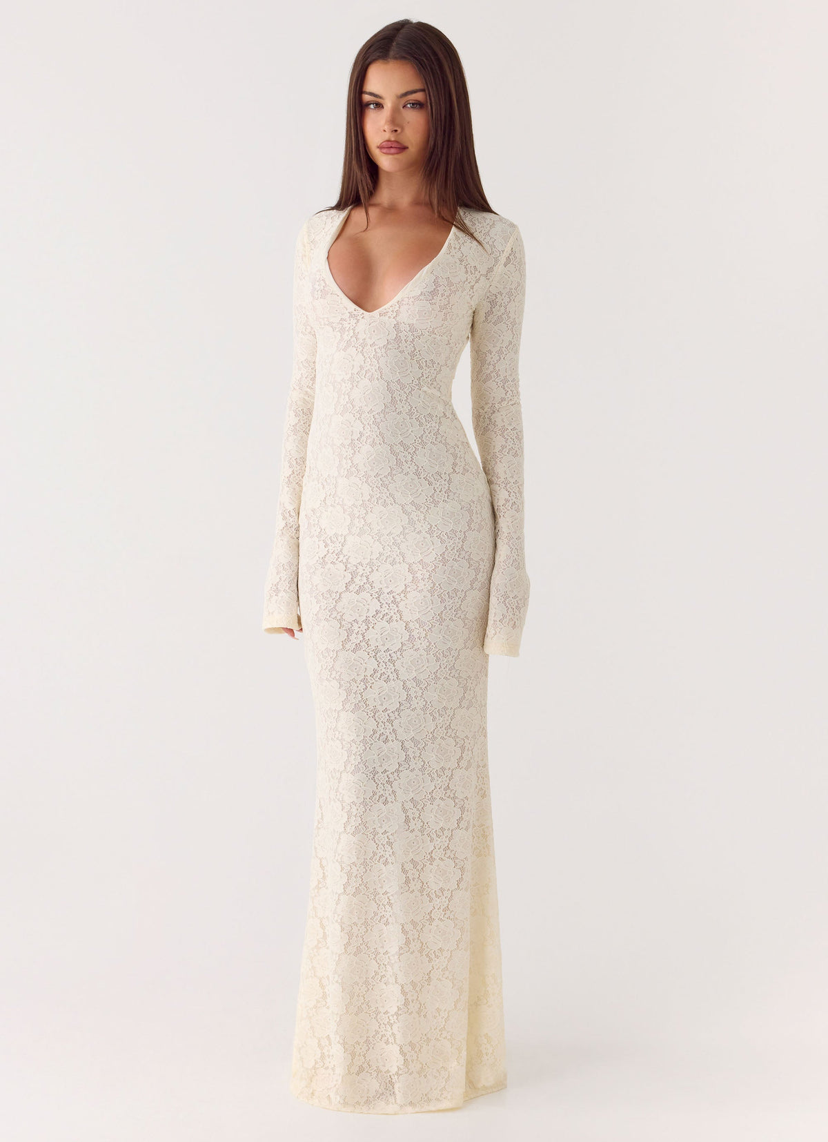 ivory long sleeve maxi dress Shona Joy - La Lune Cumulus Silk Backless Lace Split - Back tie Astoria Long Sleeve Maxi Dress