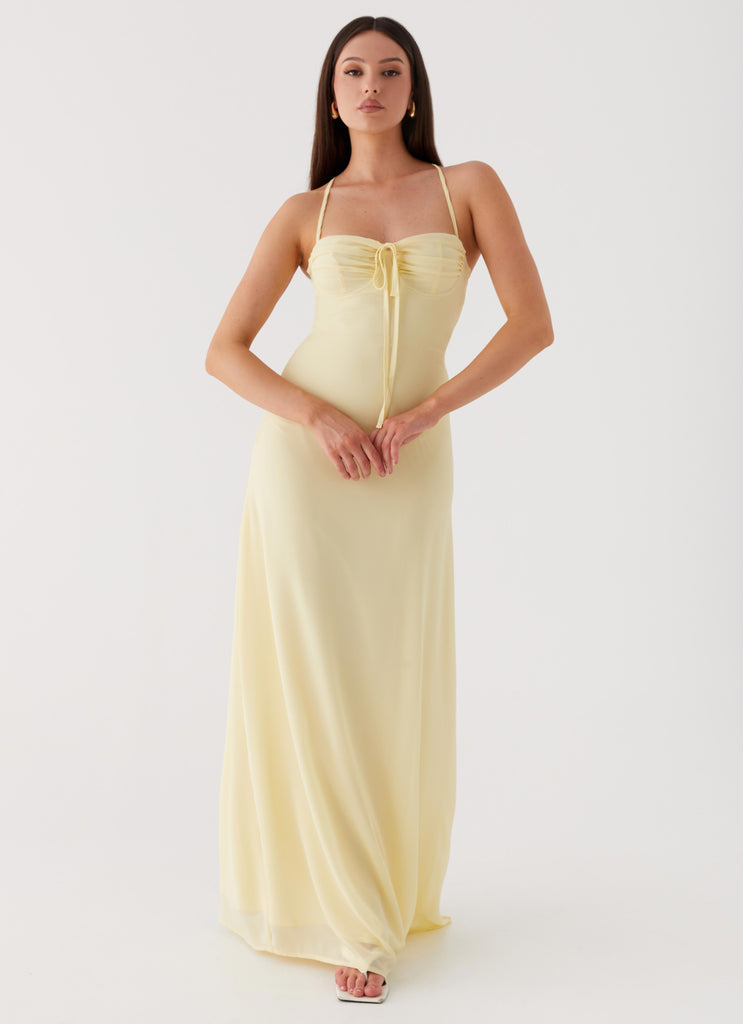 Womens Aveline Bustier Maxi Dress in the colour Yellow in front of a light grey background