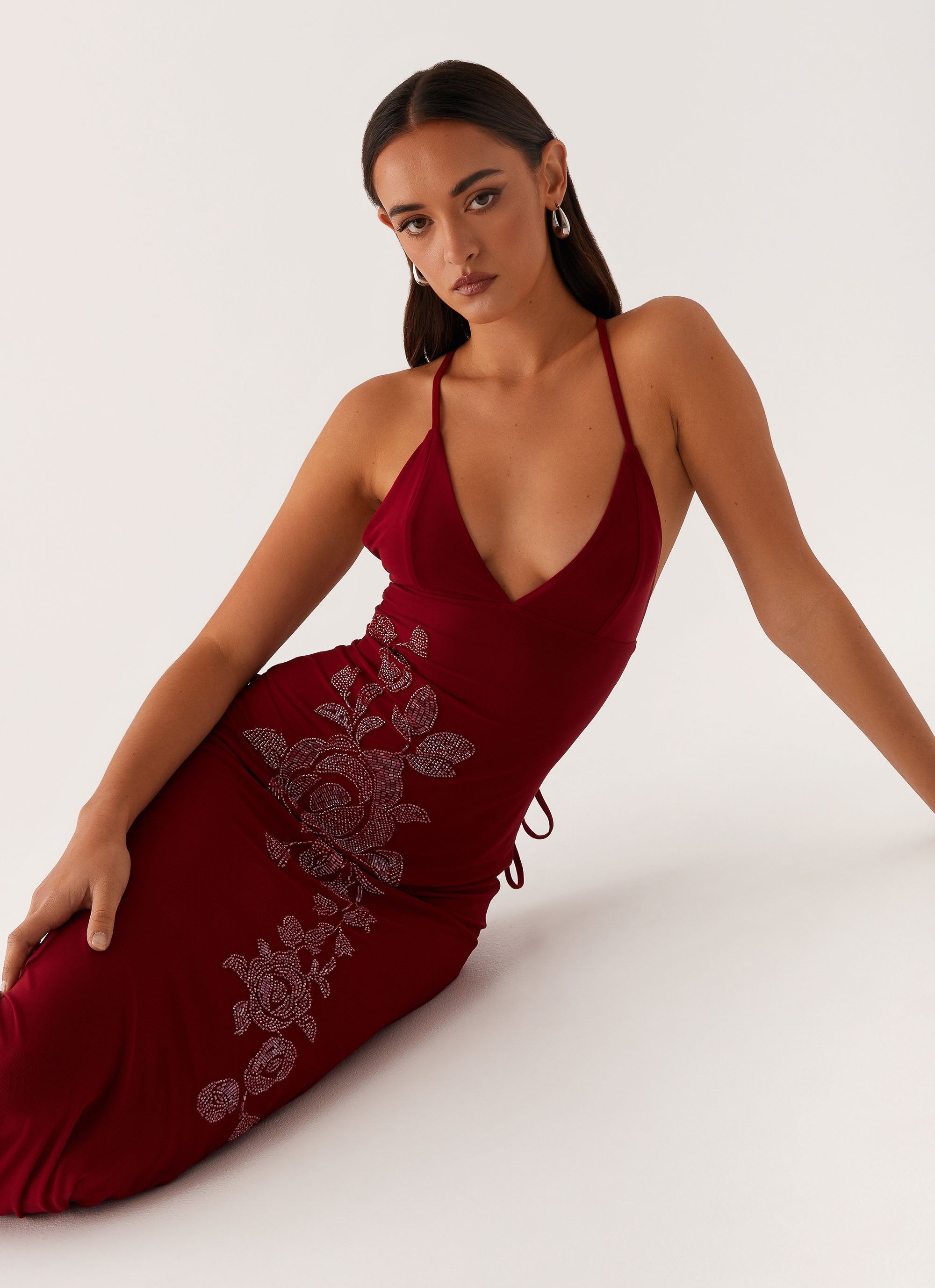 beki beaded mesh maxi dress Elaine Chiffon Beaded Maxi Dress / Sky Blue | MESHKI