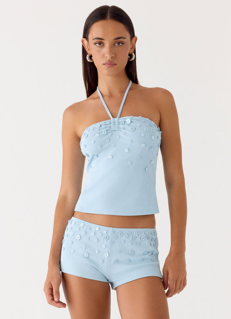 Bonita Button Mini Shorts  - Pale Blue