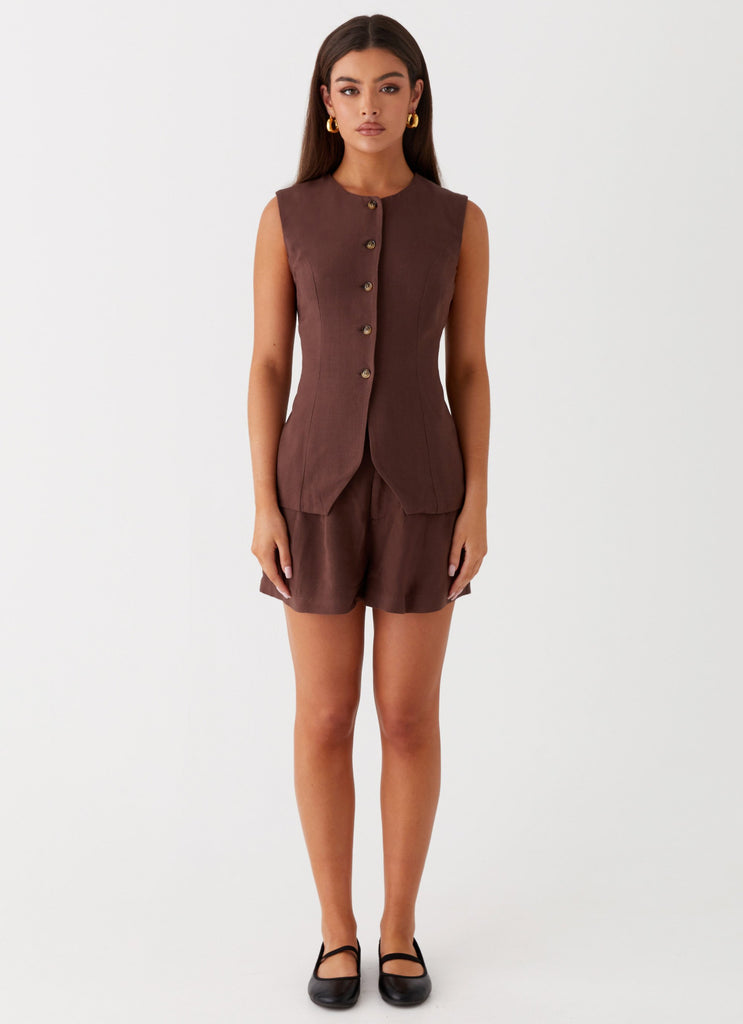 Womens Born For Bordeaux Linen Shorts in the colour Brown in front of a light grey background