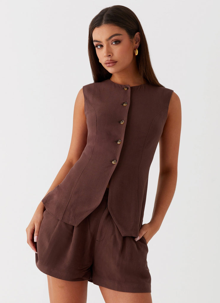 Womens Born For Bordeaux Linen Shorts in the colour Brown in front of a light grey background