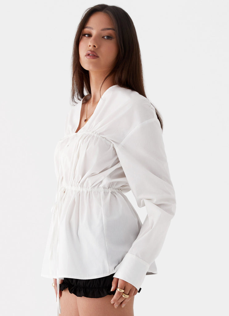 Womens Bridget Ruched Tie Front Shirt in the colour White in front of a light grey background