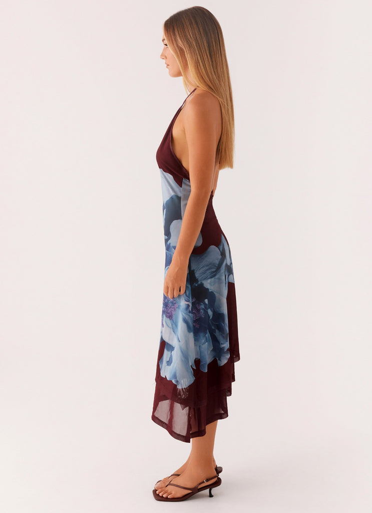 Brinley Halterneck Midi Dress - Maroon Print