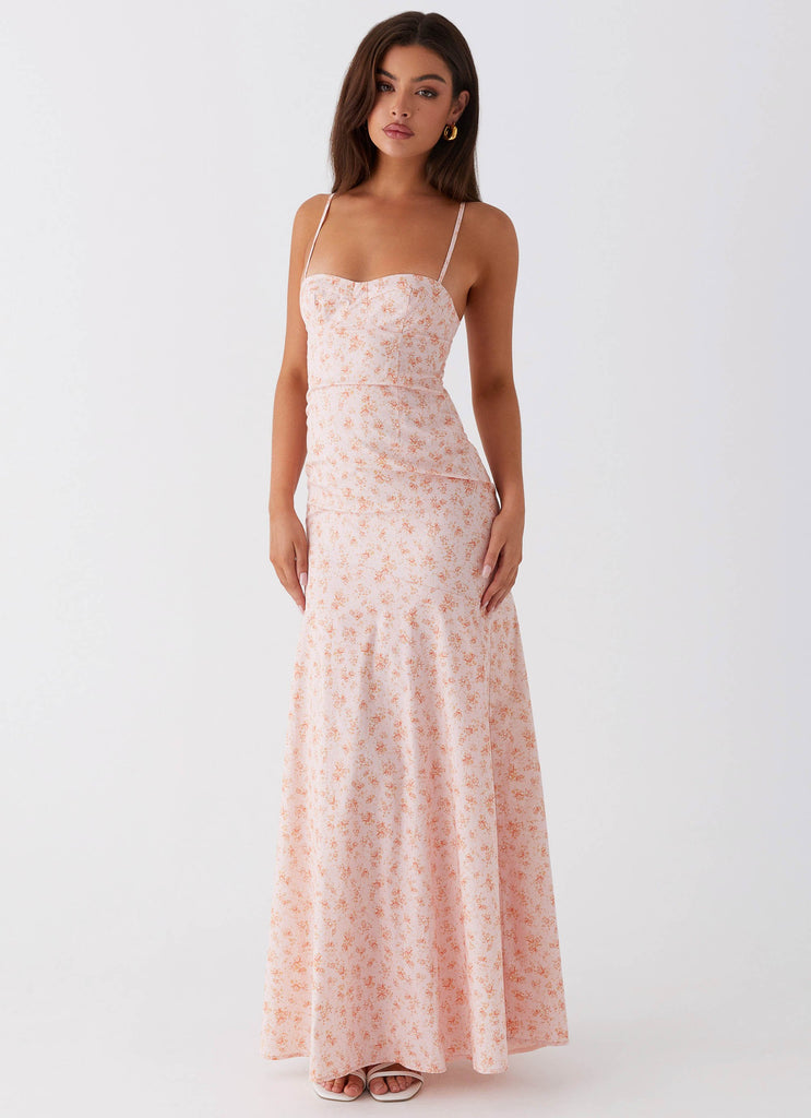 Womens Britney Maxi Dress in the colour Pink Ditsy Floral in front of a light grey background