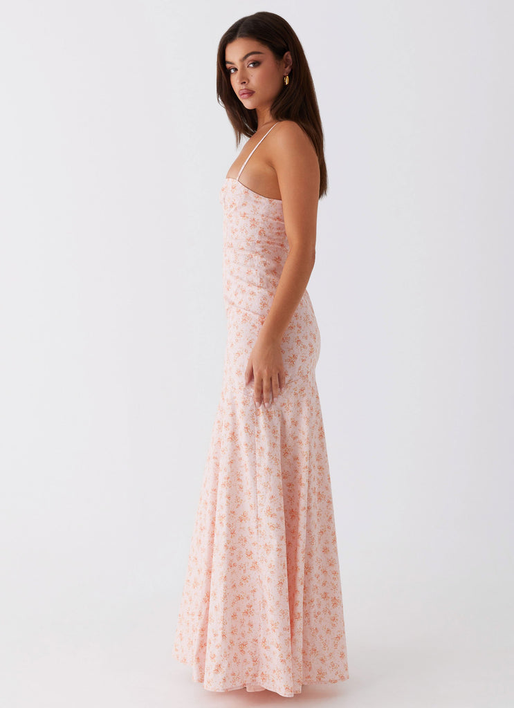 Womens Britney Maxi Dress in the colour Pink Ditsy Floral in front of a light grey background