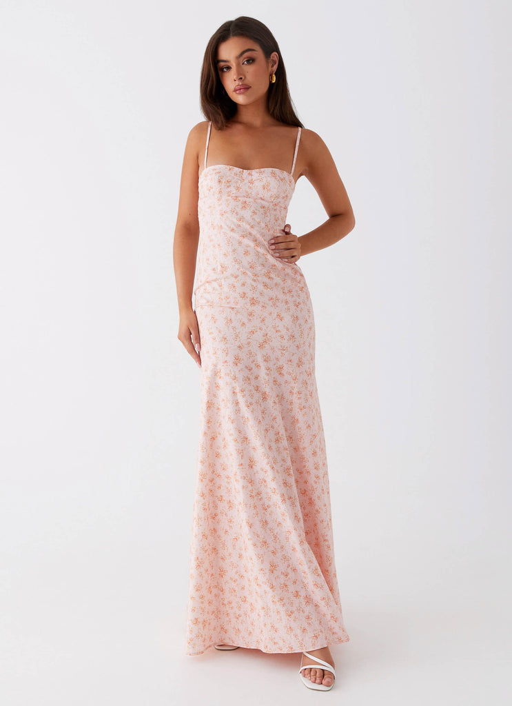 Womens Britney Maxi Dress in the colour Pink Ditsy Floral in front of a light grey background