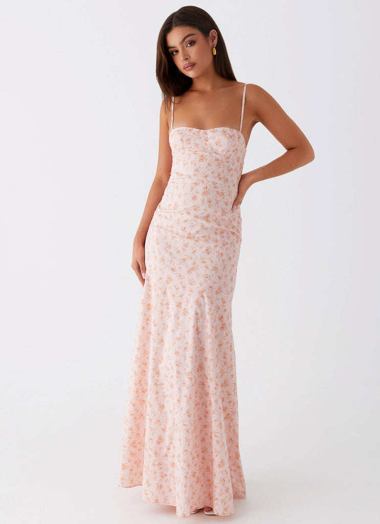 Womens Britney Maxi Dress in the colour Pink Ditsy Floral in front of a light grey background