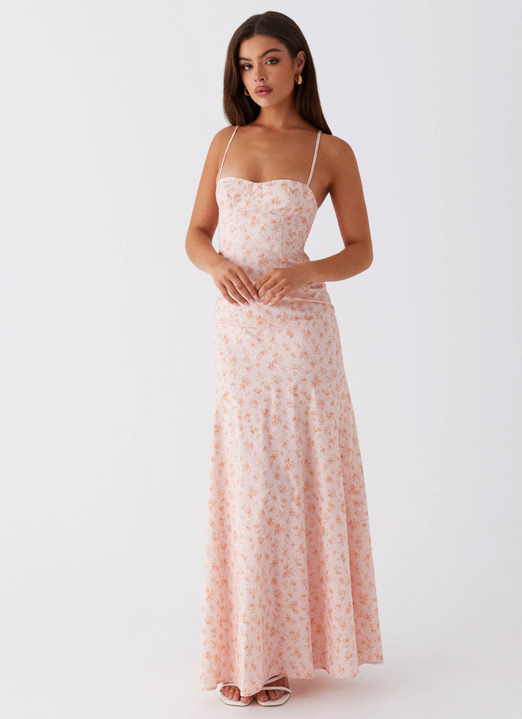Womens Britney Maxi Dress in the colour Pink Ditsy Floral in front of a light grey background