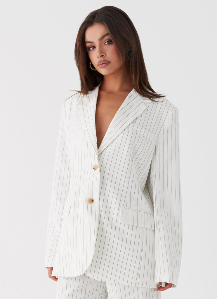 Womens Can't Leave Pinstripe Oversized Blazer in the colour White Pinstripe in front of a light grey background