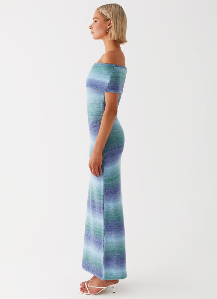 Womens Clarity Knit Maxi Dress in the colour Blue Ombre in front of a light grey background