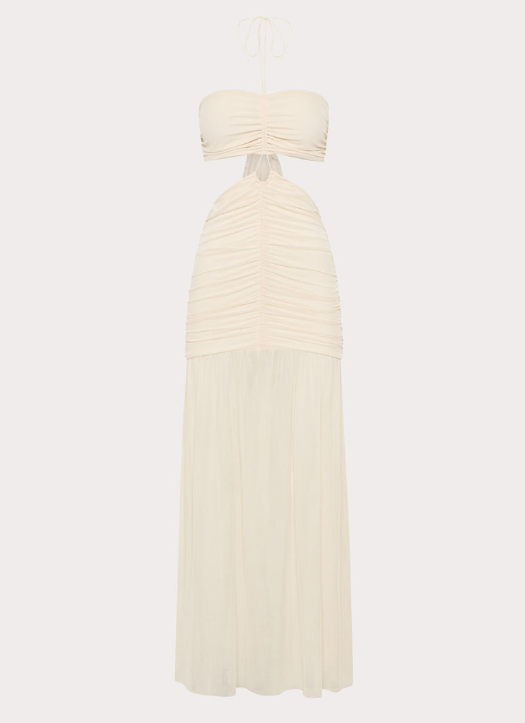 Womens Clover Cut Out Maxi Dress in the colour Lemon in front of a light grey background